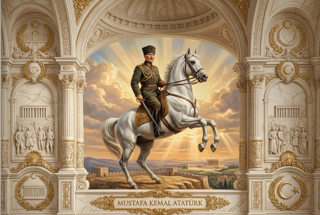 Duvarda Sanat Mustafa Kemal Atatürk Şahlanan Beyaz At Üzerinde 3D Klasik Mermer Rölyef Kendinden Yapışkanlı Duvar Kağıdı No:1203