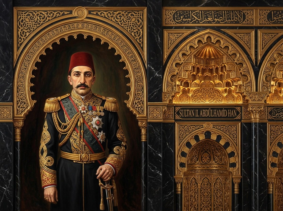 Duvarda Sanat Sultan II. Abdülhamid Han Portresi Siyah ve Altın Mermer 3D Saray Kemeri Kendinden Yapışkanlı Duvar Kağıdı No:1204