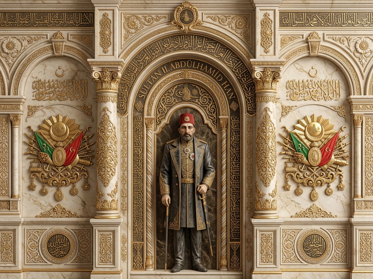 Duvarda Sanat Sultan II. Abdülhamid Han ve Osmanlı Devlet Arması 3D Klasik Mermer Rölyef Kendinden Yapışkanlı Duvar Kağıdı No:1205