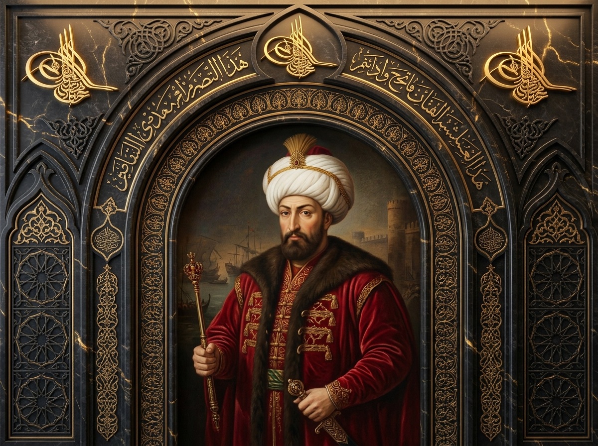 Duvarda Sanat Fatih Sultan Mehmed Han Portresi Siyah Mermer ve Altın Osmanlı Tuğrası 3D Makam Kendinden Yapışkanlı Duvar Kağıdı No:1207