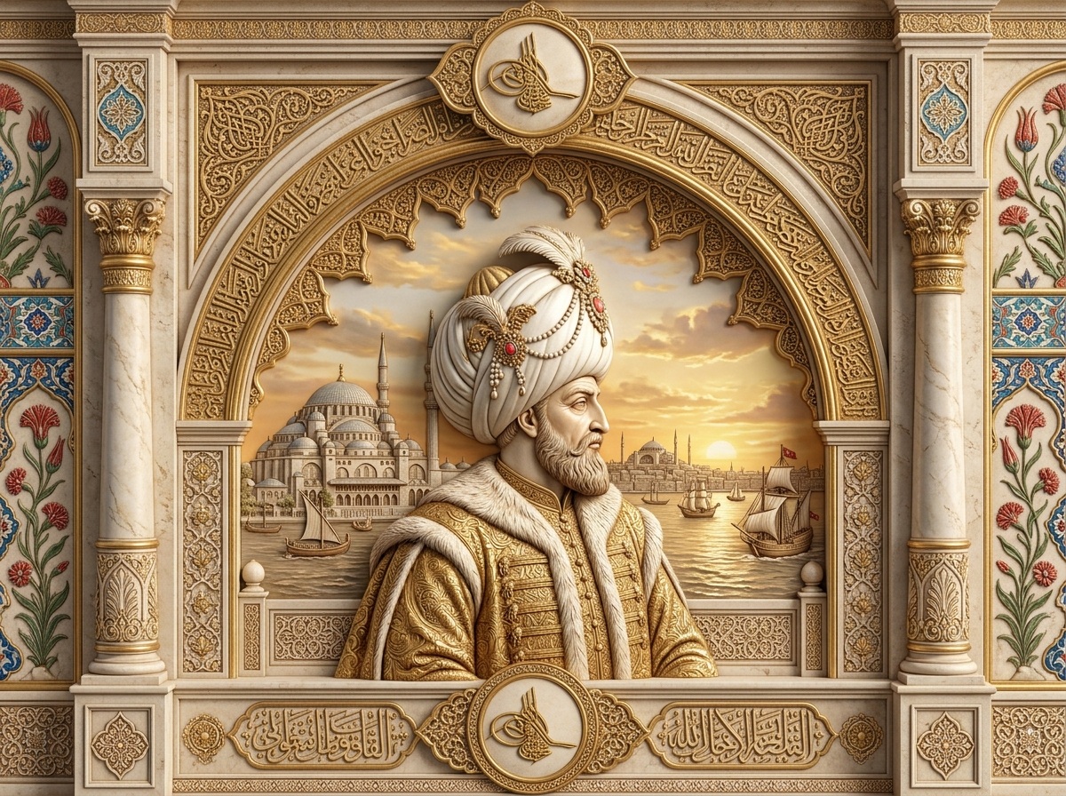 Duvarda Sanat Kanuni Sultan Süleyman Han ve Süleymaniye Haliç Panoraması 3D Klasik Mermer Rölyef Kendinden Yapışkanlı Duvar Kağıdı No:1209