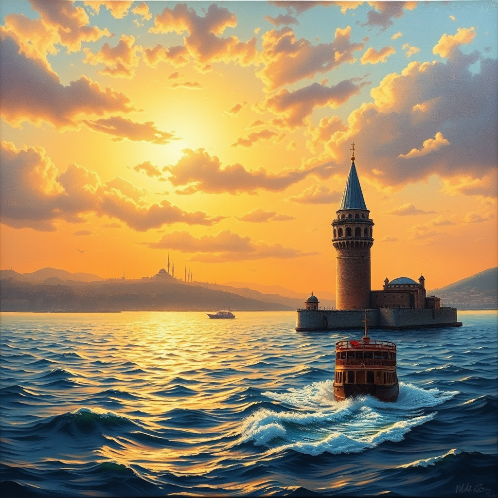 Duvarda Sanat Klasik İstanbul Boğazı ve Kız Kulesi Kendinden Yapışkanlı Duvar Kağıdı