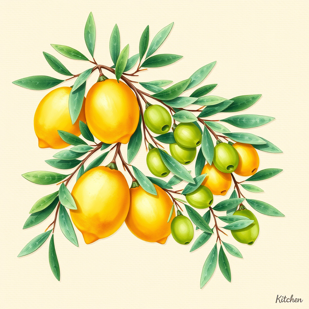 Duvarda Sanat Modern Lüks Limon ve Zeytin Dalları Kendinden Yapışkanlı Duvar Kağıdı