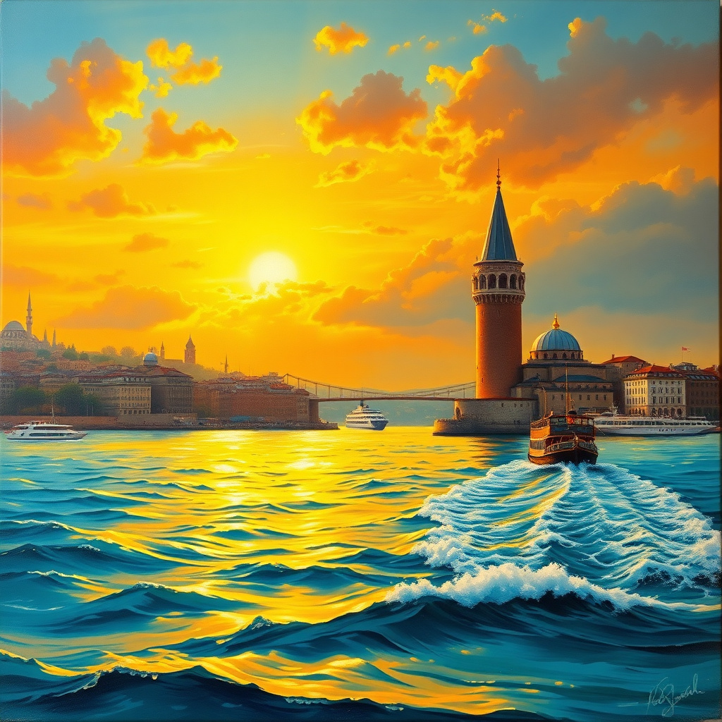 Duvarda Sanat Bohem İstanbul Boğazı ve Kız Kulesi Kendinden Yapışkanlı Duvar Kağıdı