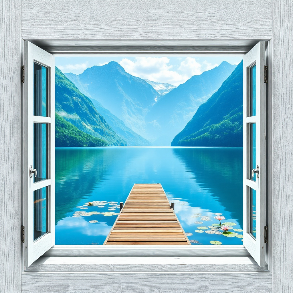 Duvarda Sanat Premium 3D Ahşap Pencere Huzurlu Mavi Göl Manzaralı Duvar Kağıdı
