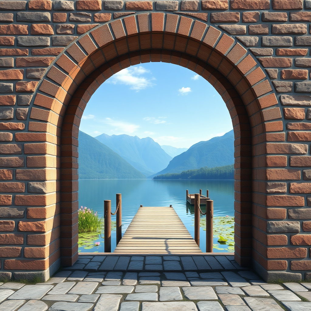 Duvarda Sanat Bohem 3D Tuğla Kemer Huzurlu Mavi Göl Manzaralı Duvar Kağıdı