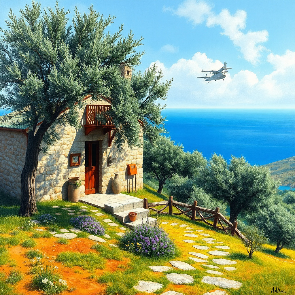 Duvarda Sanat Retro Ege Zeytin Bahçeleri ve Taş Ev Kendinden Yapışkanlı Duvar Kağıdı