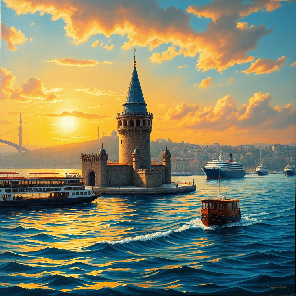Duvarda Sanat Retro İstanbul Boğazı ve Kız Kulesi Kendinden Yapışkanlı Duvar Kağıdı