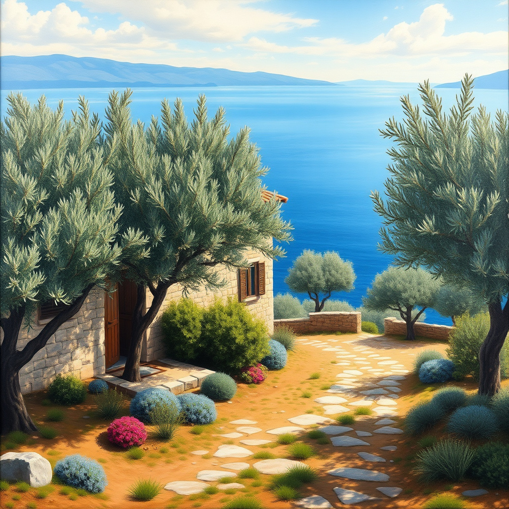 Duvarda Sanat Minimalist Ege Zeytin Bahçeleri ve Taş Ev Kendinden Yapışkanlı Duvar Kağıdı No:157 No:581