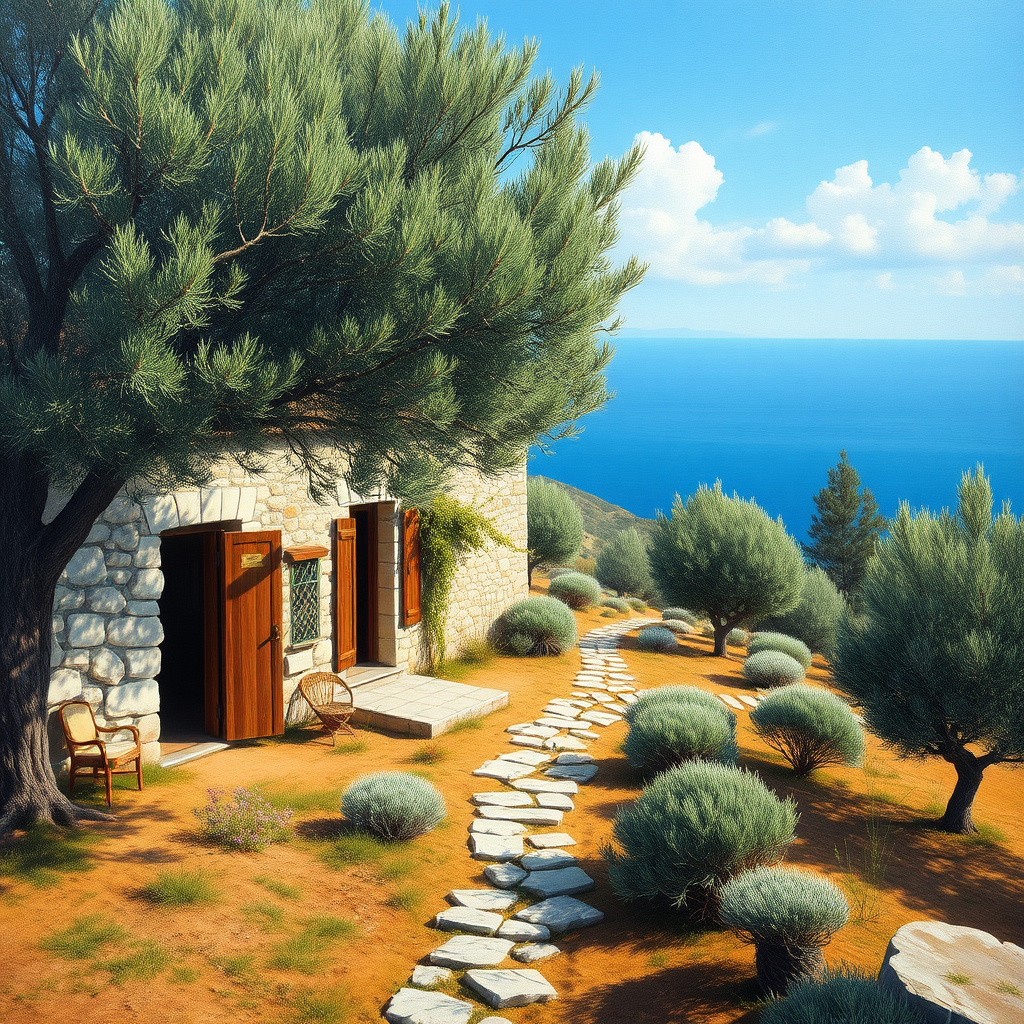 Duvarda Sanat Özgün Ege Zeytin Bahçeleri ve Taş Ev Kendinden Yapışkanlı Duvar Kağıdı
