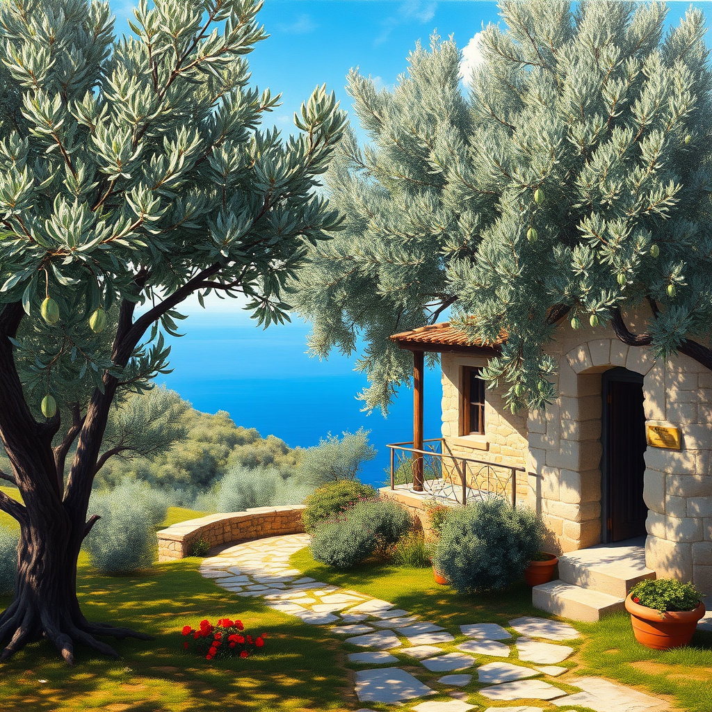 Duvarda Sanat Modern Ege Zeytin Bahçeleri ve Taş Ev Kendinden Yapışkanlı Duvar Kağıdı No:583 No:673