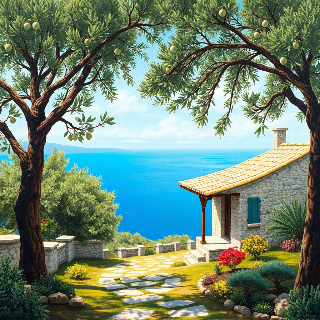 Duvarda Sanat Sanatsal Ege Zeytin Bahçeleri ve Taş Ev Kendinden Yapışkanlı Duvar Kağıdı No:317 No:686