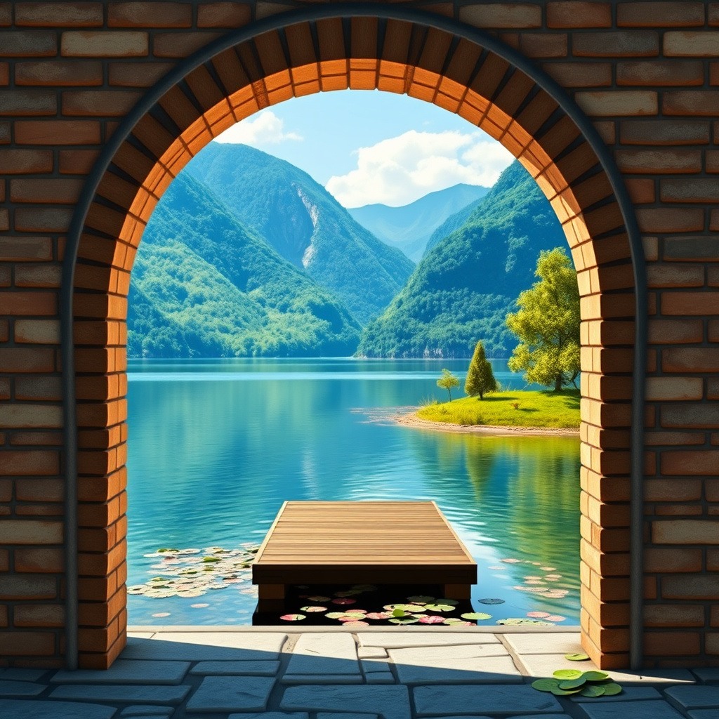 Duvarda Sanat Premium 3D Tuğla Kemer Huzurlu Mavi Göl Manzaralı Duvar Kağıdı