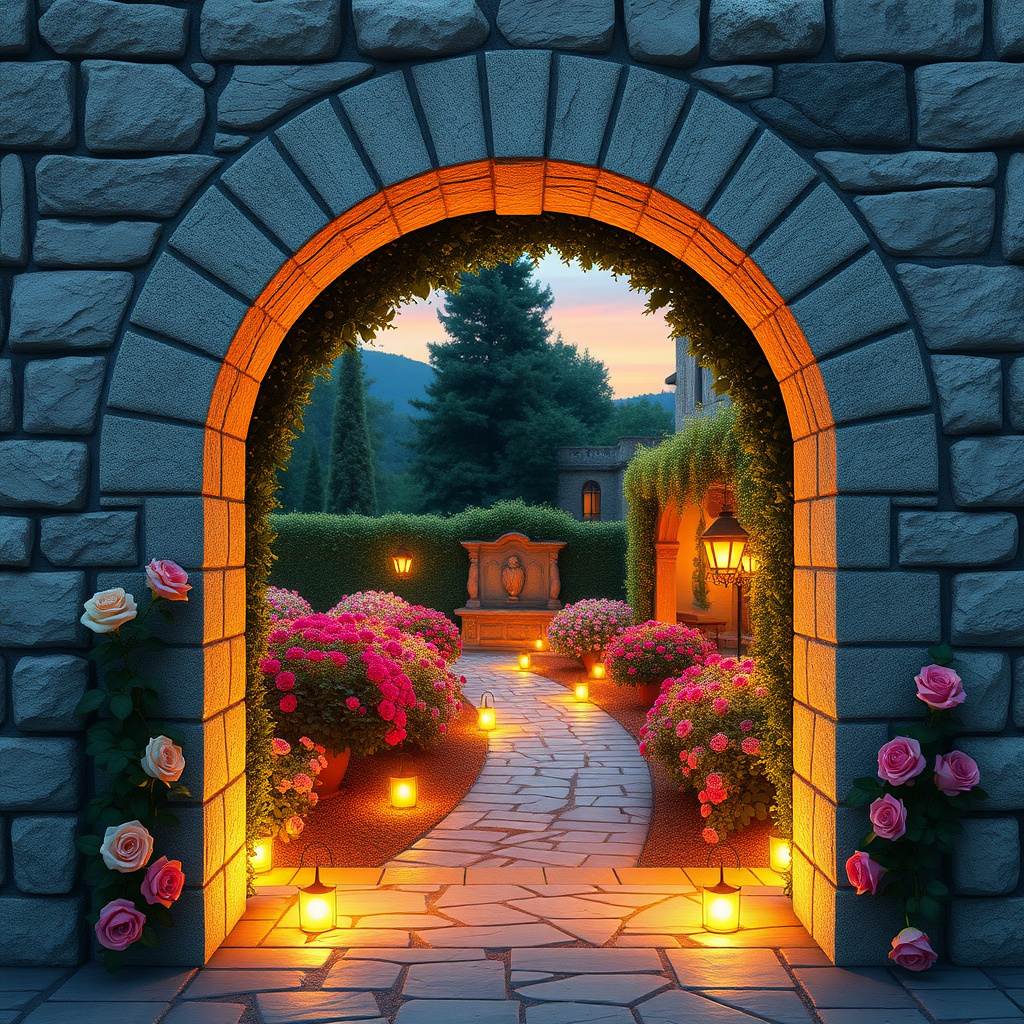 Duvarda Sanat Premium 3D Taş Kemer Romantik İtalyan Bahçesi Manzaralı Duvar Kağıdı