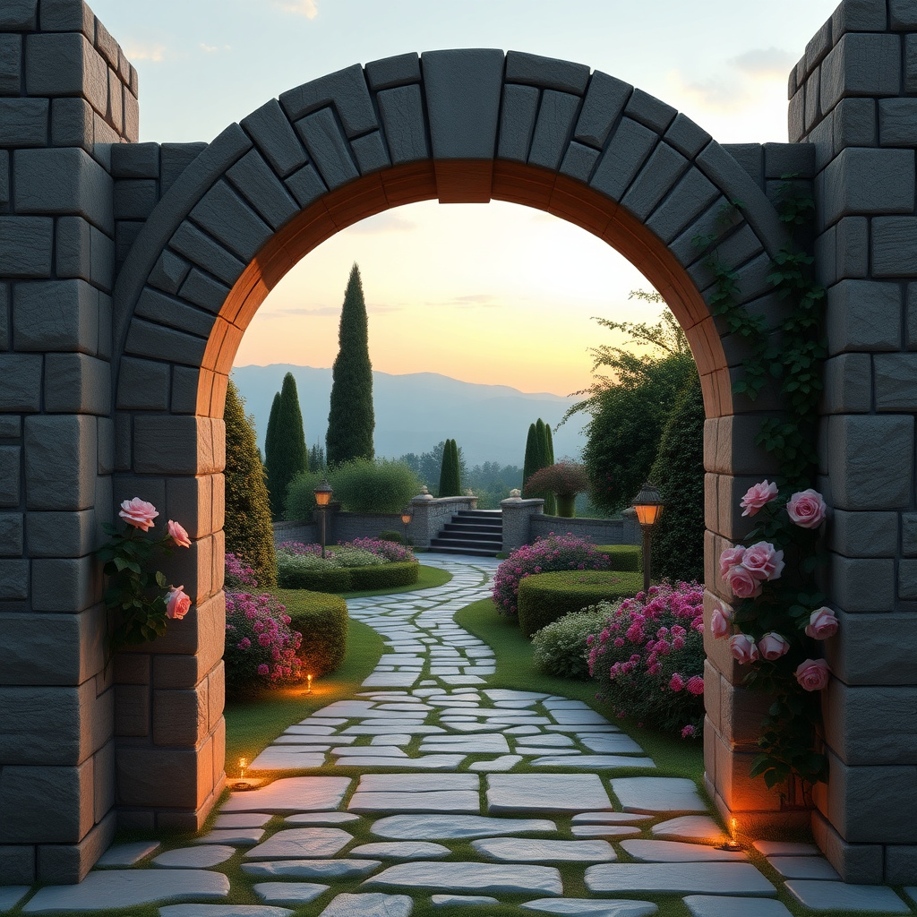 Duvarda Sanat Modern 3D Taş Kemer Romantik İtalyan Bahçesi Manzaralı Duvar Kağıdı No:72 No:733