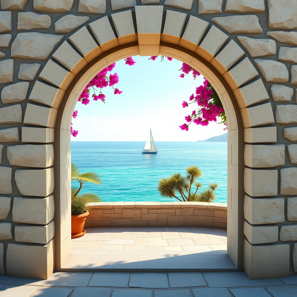 Duvarda Sanat Retro 3D Taş Kemer Akdeniz Koyu Manzaralı Duvar Kağıdı No:733