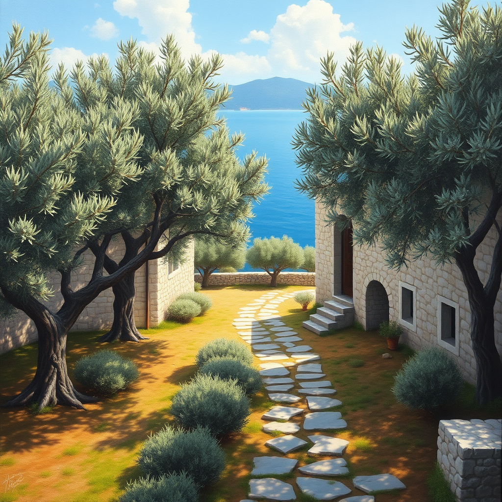 Duvarda Sanat Minimalist Ege Zeytin Bahçeleri ve Taş Ev Kendinden Yapışkanlı Duvar Kağıdı No:784