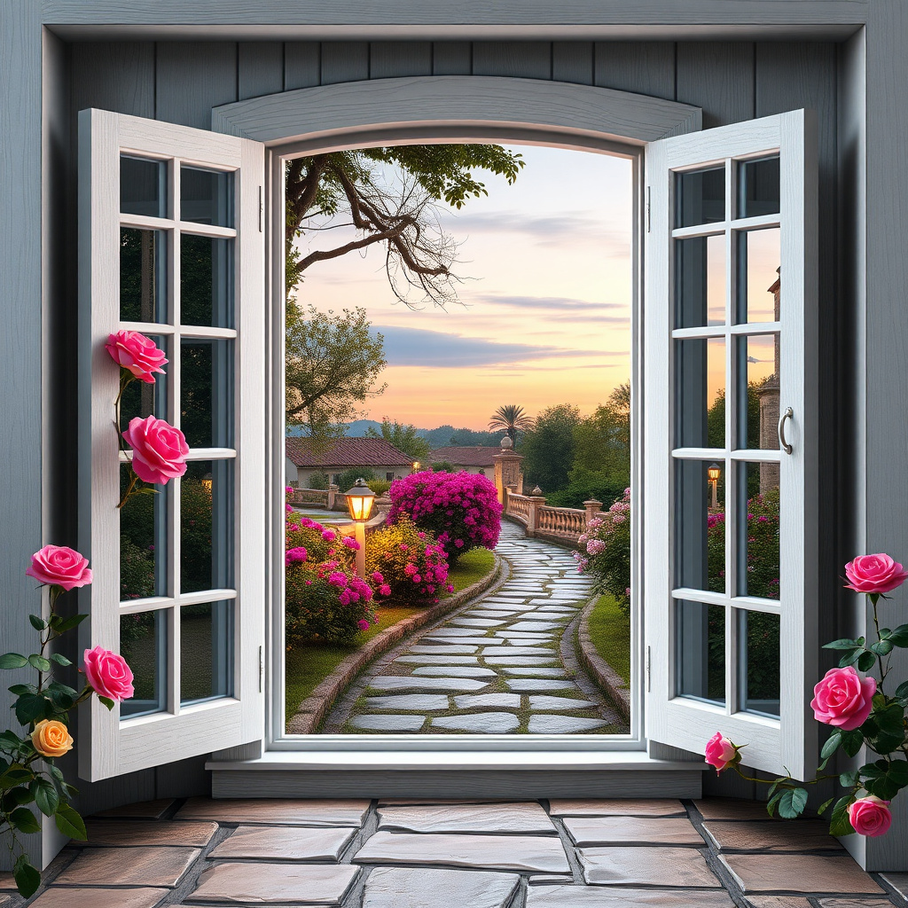 Duvarda Sanat Avangart 3D Ahşap Pencere Romantik İtalyan Bahçesi Manzaralı Duvar Kağıdı No:95 No:811