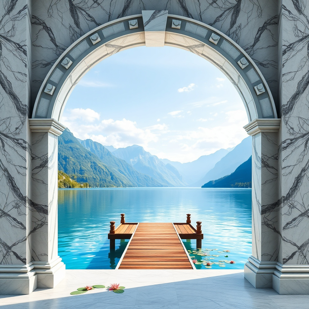 Duvarda Sanat Premium 3D Mermer Kemer Huzurlu Mavi Göl Manzaralı Duvar Kağıdı No:811