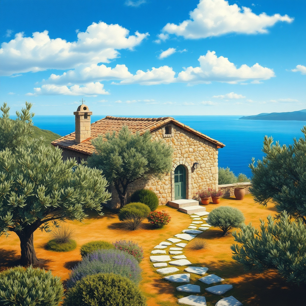 Duvarda Sanat Şık Ege Zeytin Bahçeleri ve Taş Ev Kendinden Yapışkanlı Duvar Kağıdı No:814