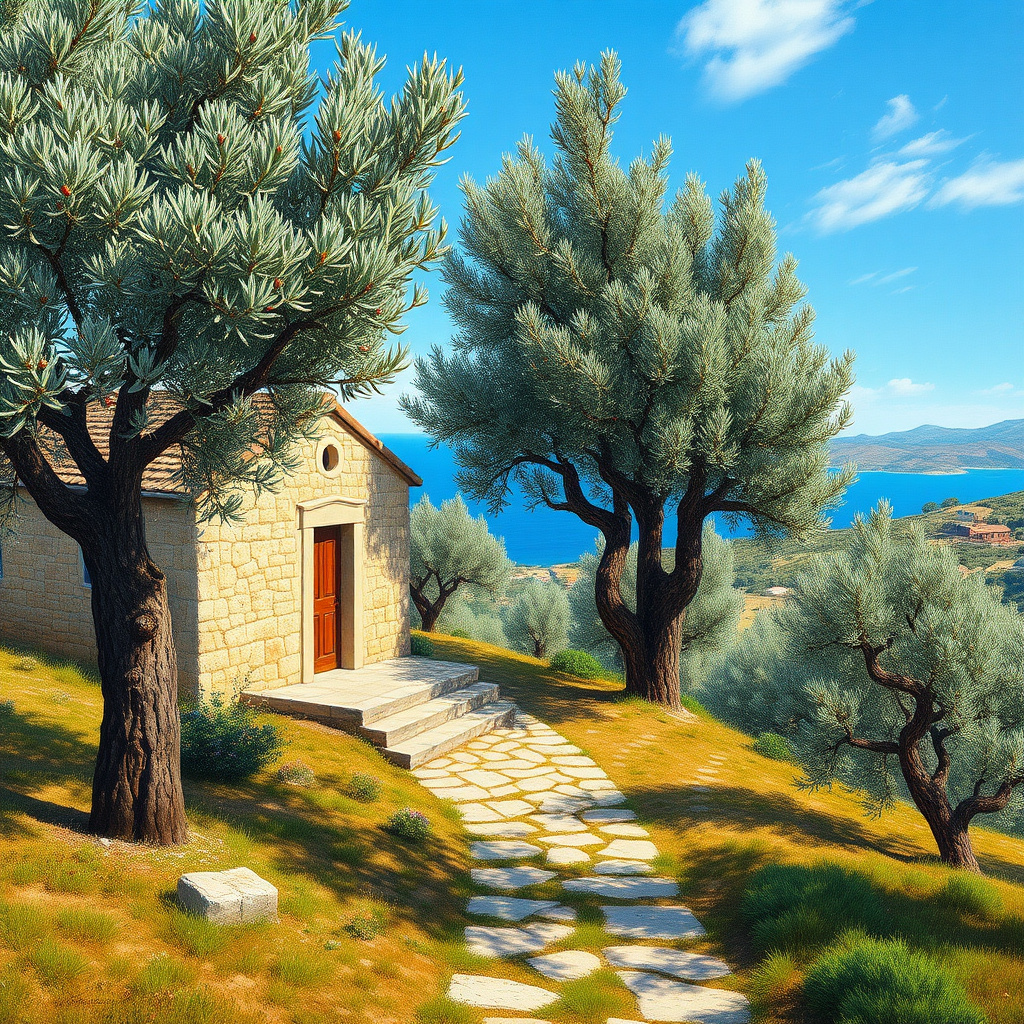 Duvarda Sanat Retro Ege Zeytin Bahçeleri ve Taş Ev Kendinden Yapışkanlı Duvar Kağıdı No:289 No:824