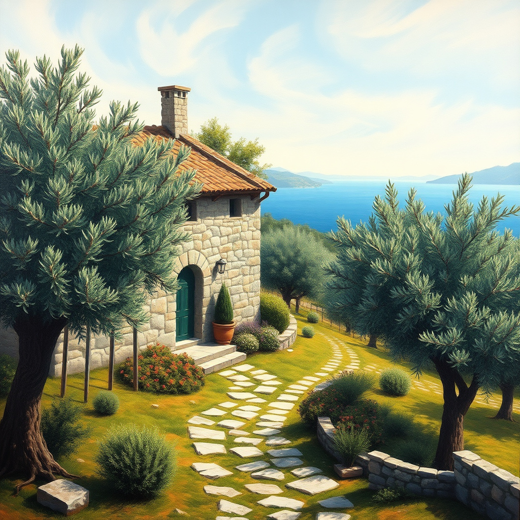 Duvarda Sanat Estetik Ege Zeytin Bahçeleri ve Taş Ev Kendinden Yapışkanlı Duvar Kağıdı No:721 No:845