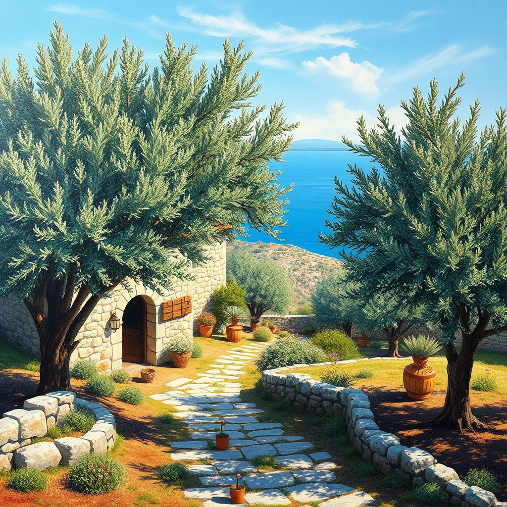 Duvarda Sanat Minimalist Ege Zeytin Bahçeleri ve Taş Ev Kendinden Yapışkanlı Duvar Kağıdı No:849