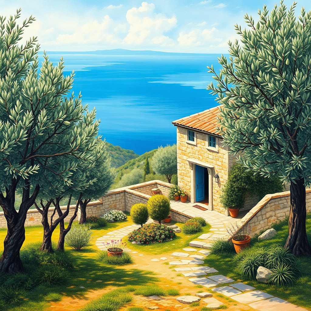 Duvarda Sanat Modern Ege Zeytin Bahçeleri ve Taş Ev Kendinden Yapışkanlı Duvar Kağıdı No:851