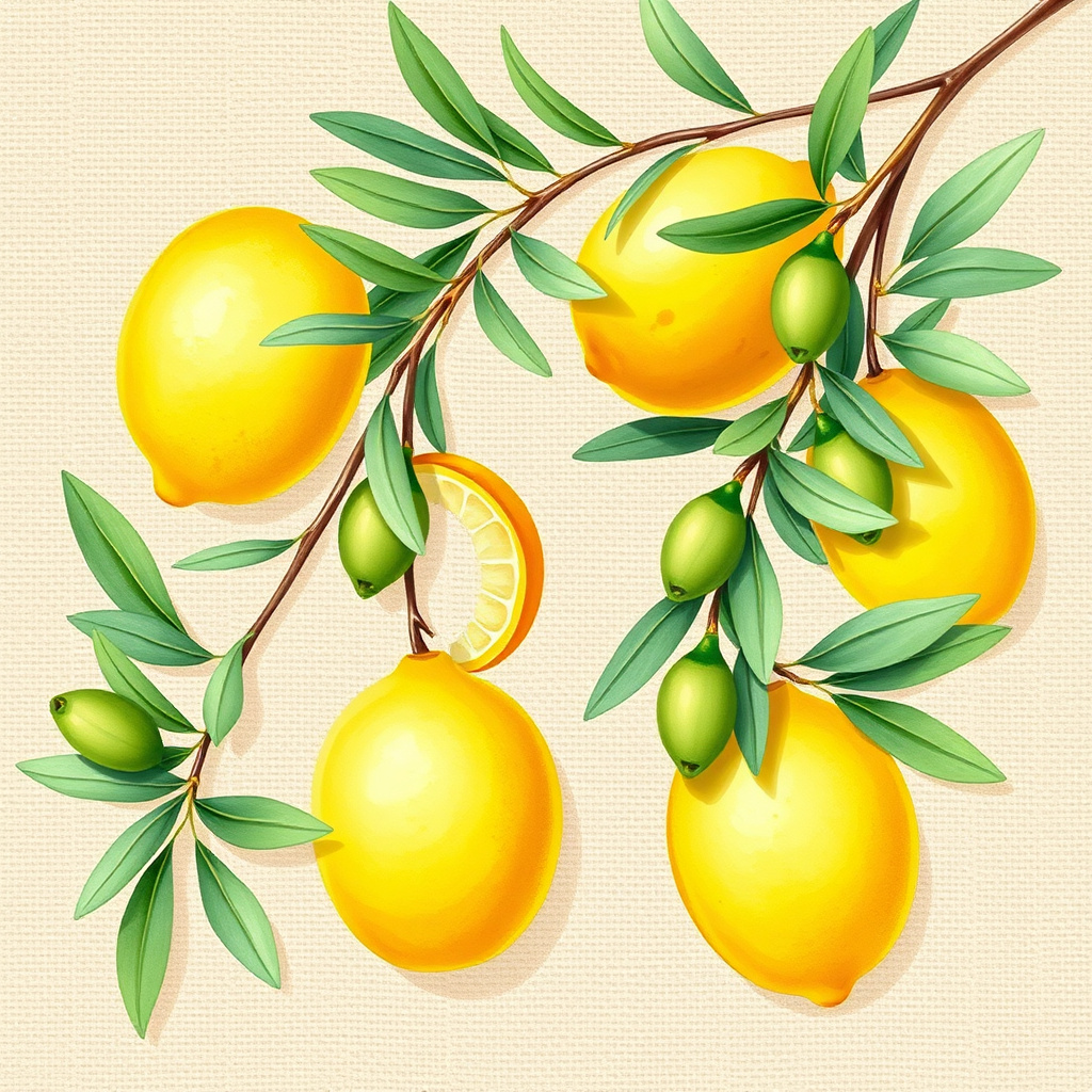 Duvarda Sanat Minimalist Lüks Limon ve Zeytin Dalları Kendinden Yapışkanlı Duvar Kağıdı