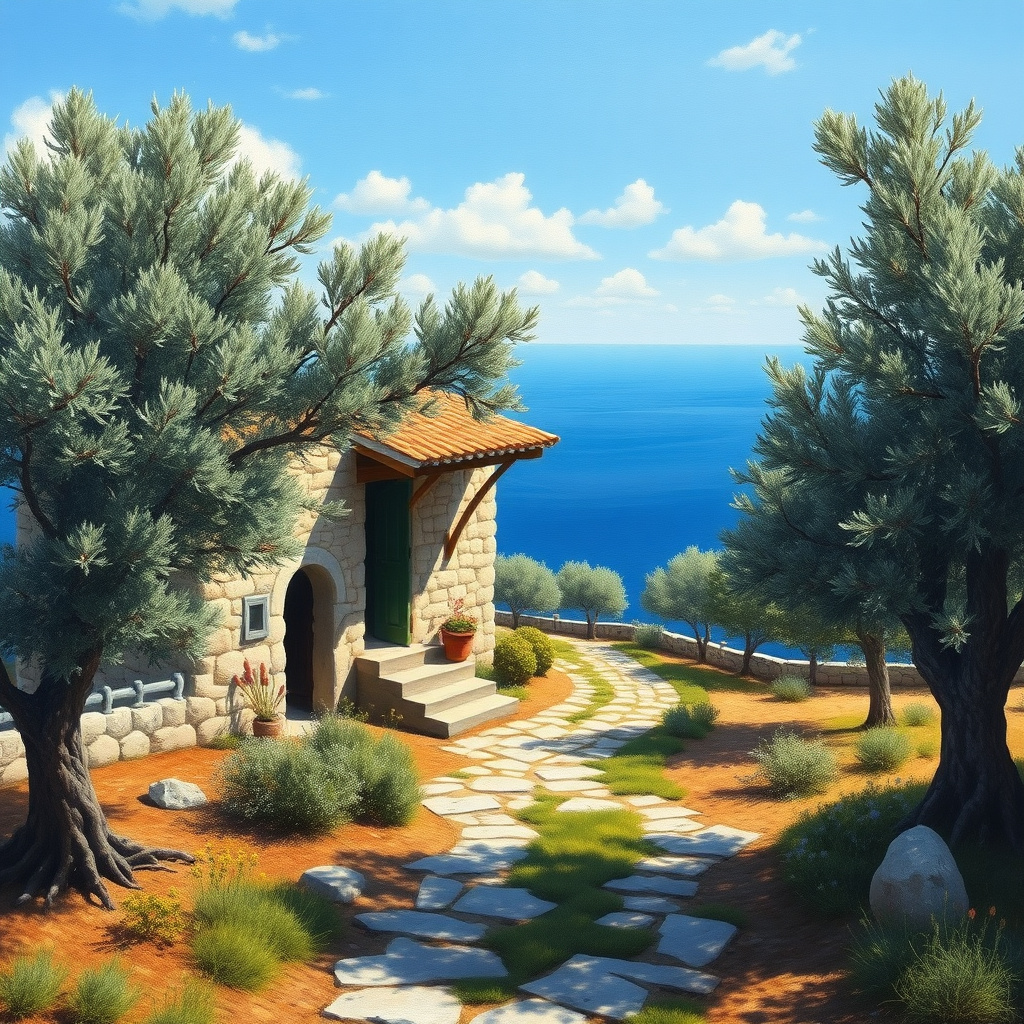 Duvarda Sanat Rustik Ege Zeytin Bahçeleri ve Taş Ev Kendinden Yapışkanlı Duvar Kağıdı No:692 No:898