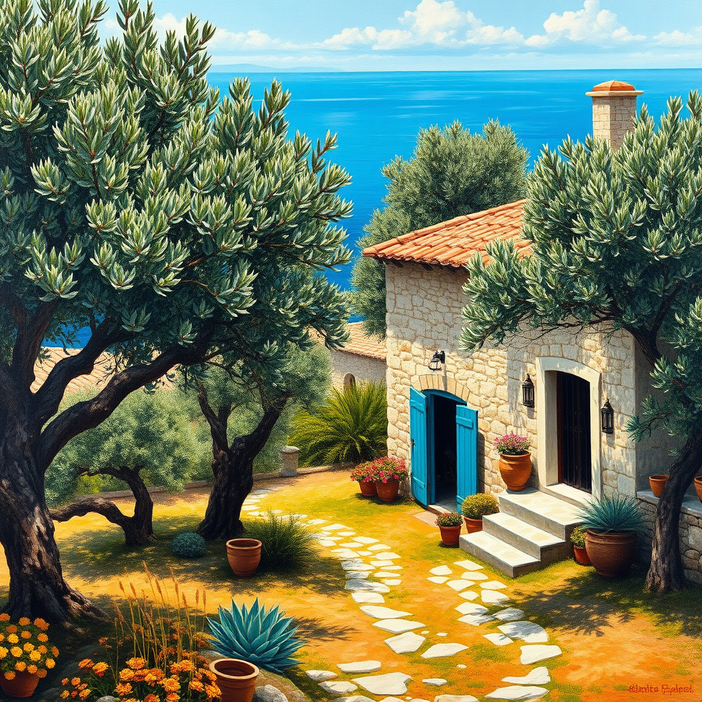Duvarda Sanat Rustik Ege Zeytin Bahçeleri ve Taş Ev Kendinden Yapışkanlı Duvar Kağıdı