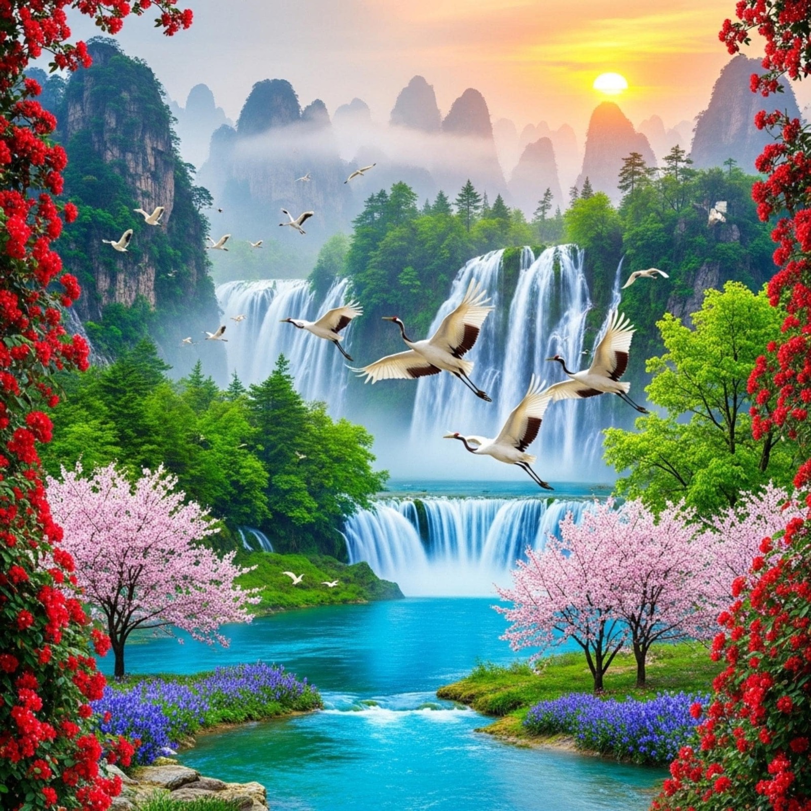 Şelale ve Turnalar Manzaralı Duvar Kağıdı – Doğa, Huzur ve Panoramik Dekor